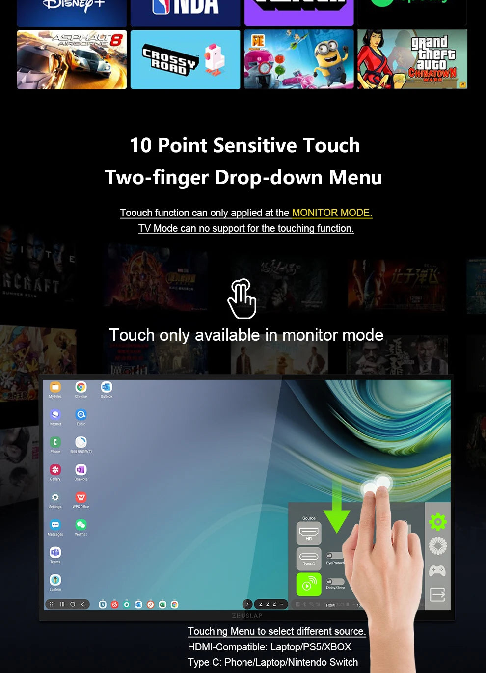 Zeuslap 18.5 inch Smart TV Portable Touch Screen Monitor with Google TV For Mini PC Laptop Phone Xbox PS4 PS5 Switch