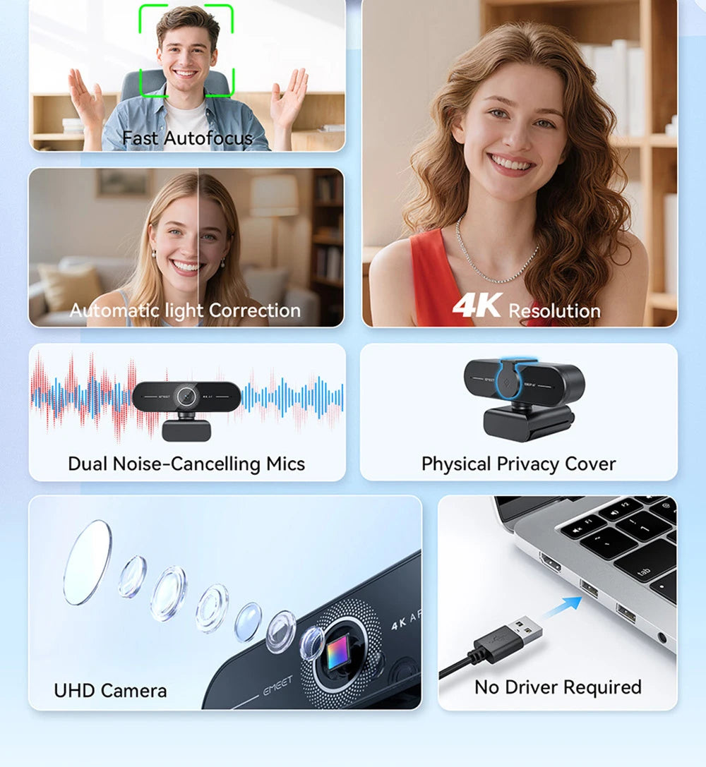 4K Ultra HD Webcam 1080P 60fps Web Camera EMEET C60E Autofocus USB Computer Camera for Live Streaming/ Video Call/ Conference