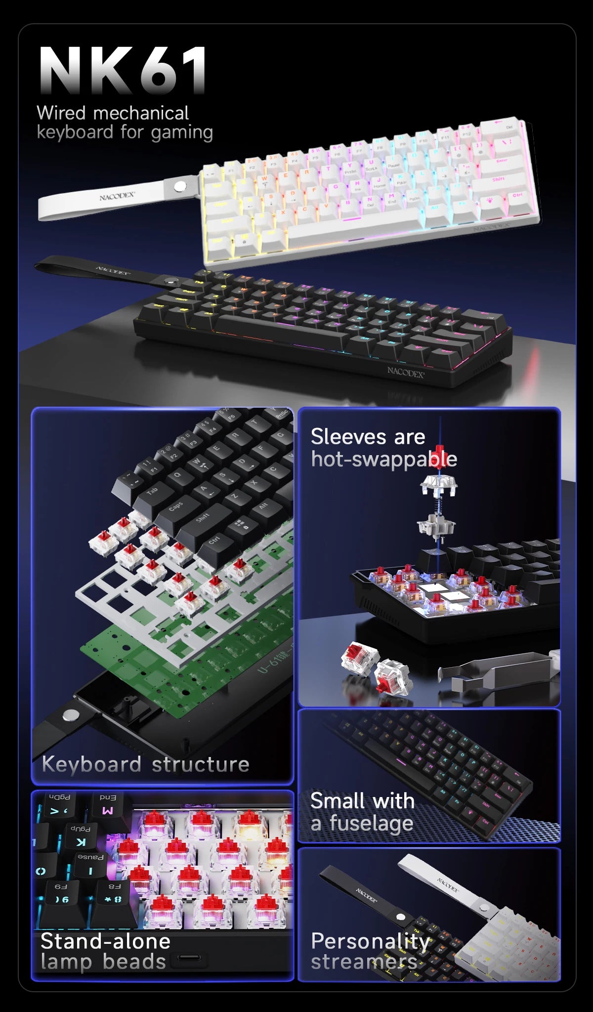 Ajazz NK61 Mechanical Wired Gaming Keyboard RGB Lighting Supports Hot-Swappable 61-Key Mechanical Wired Gaming Keyboard