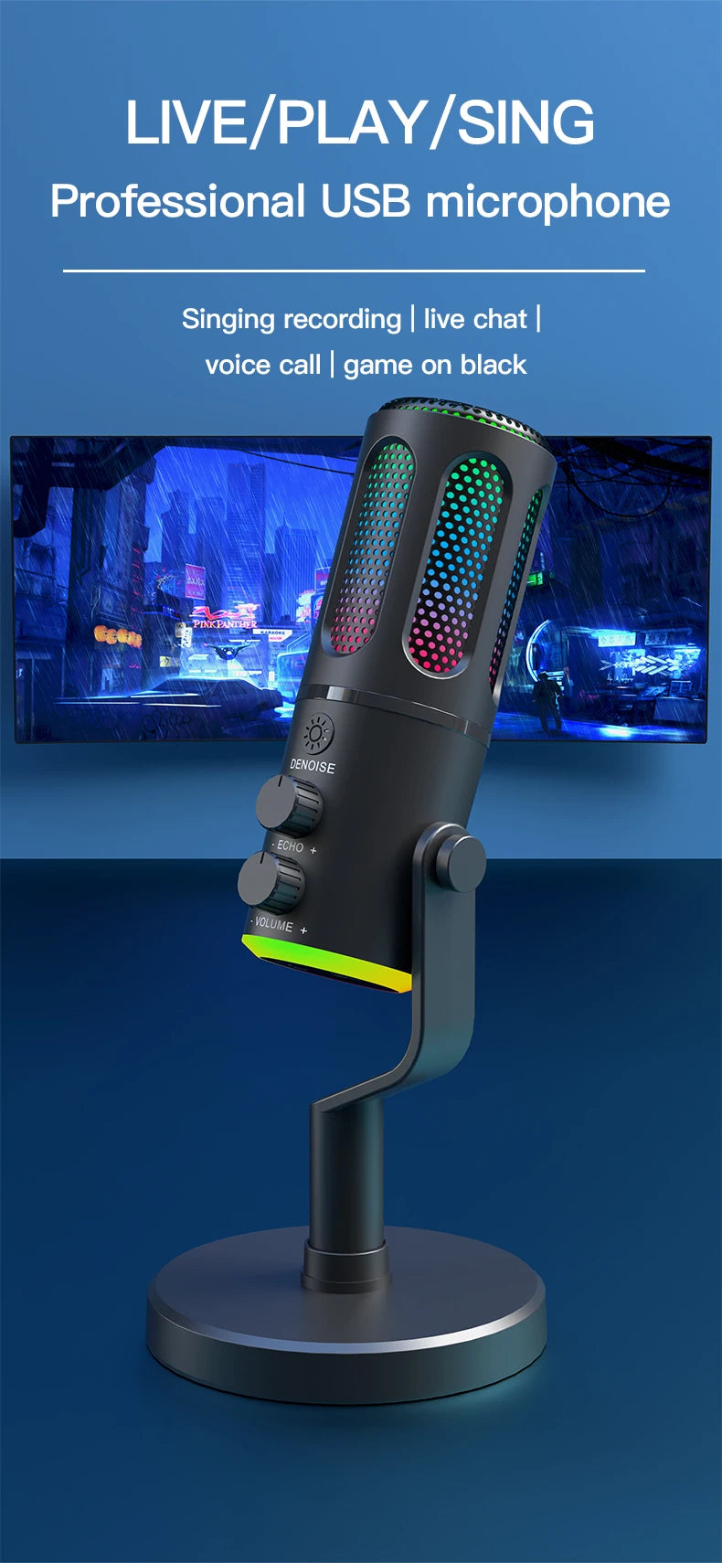 Professional Gaming Microphone With Stand RGB USB Wired Condenser Mic For PC Laptop Streaming Podcast Karaoke Live Broadcast