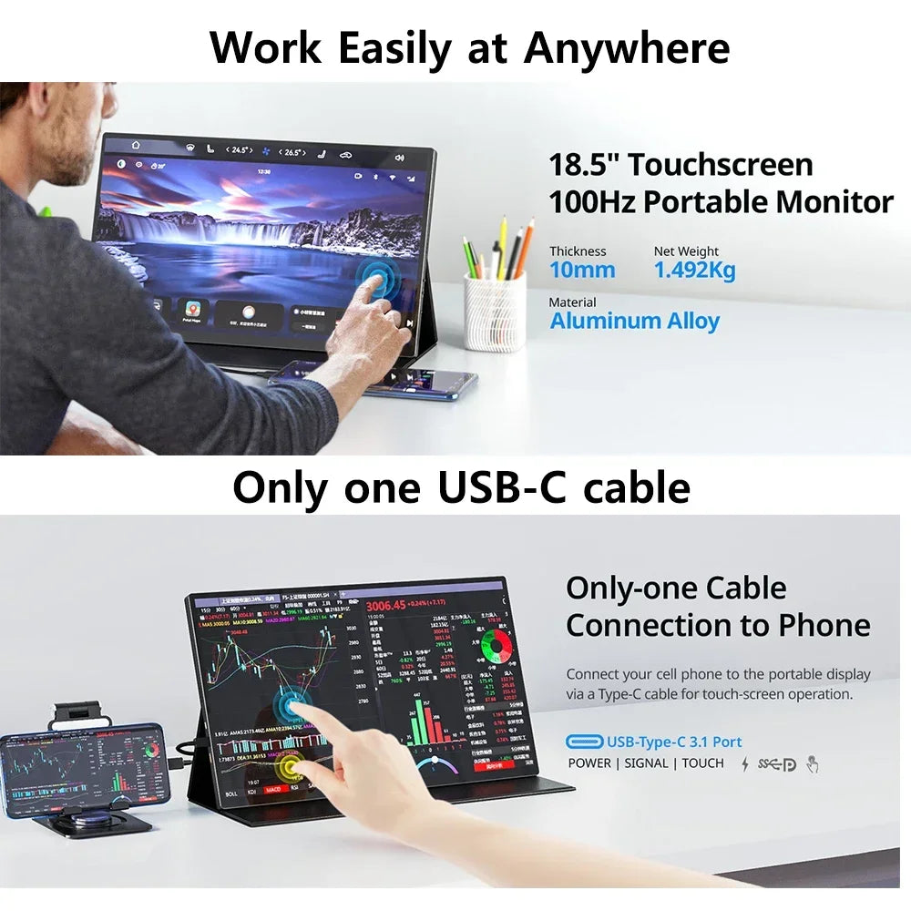 XIANWEI 18.5 inch Portable Monitor Touch 100%sRGB 100Hz External Screen Gaming Office Display For Switch Phone Laptop Xbox PS4/5