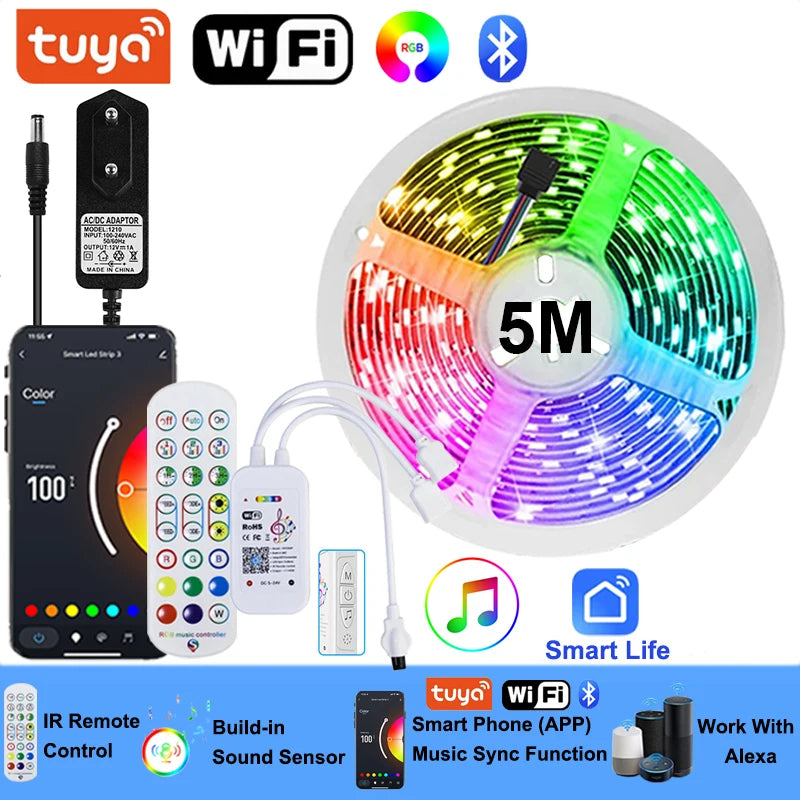 Wifi Led Strip Lights 220v 5050 Bluetooth Led Tape Light Strip Music Sync Led Lighting Strips Adhesive Smart Led Strip 12v Rgb