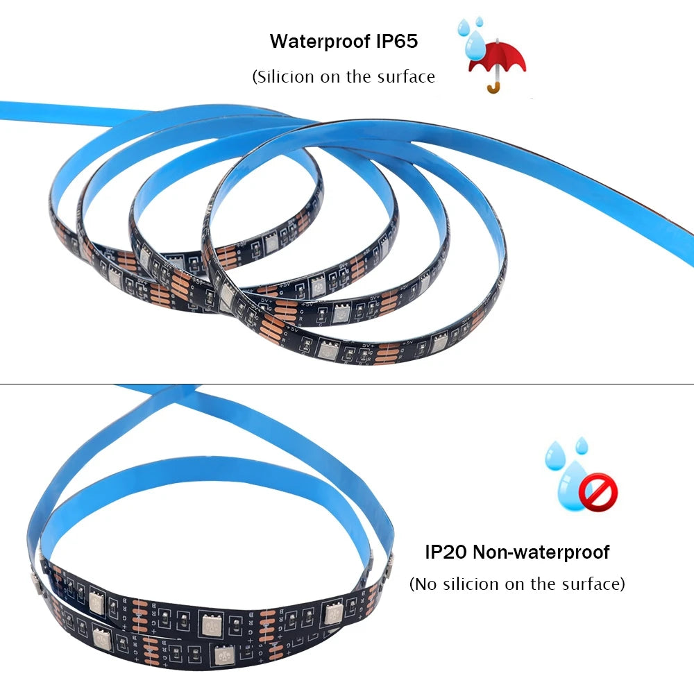 DC 5V 5050 RGB Strip LED Light Battery Powed IP21/IP65 Ribbon Tape Stable Led Strips Indoor Outdoor 3/24/44key Control Remote