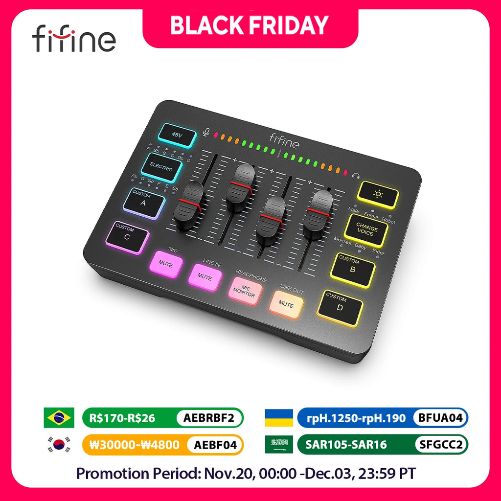 FIFINE Gaming Audio Mixer,Streaming 4-Channel RGB Mixer with XLR Microphone Interface,for Game Voice,Podcast,AmpliGame SC3