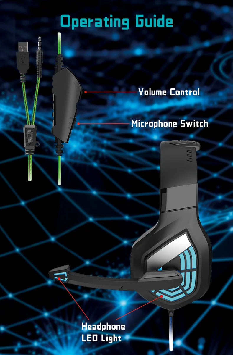G7 LED Light Gaming Headset USB Stereo Surround Wired Headphone with Noise Reduction Mic Earphones for Computer PC Gamer