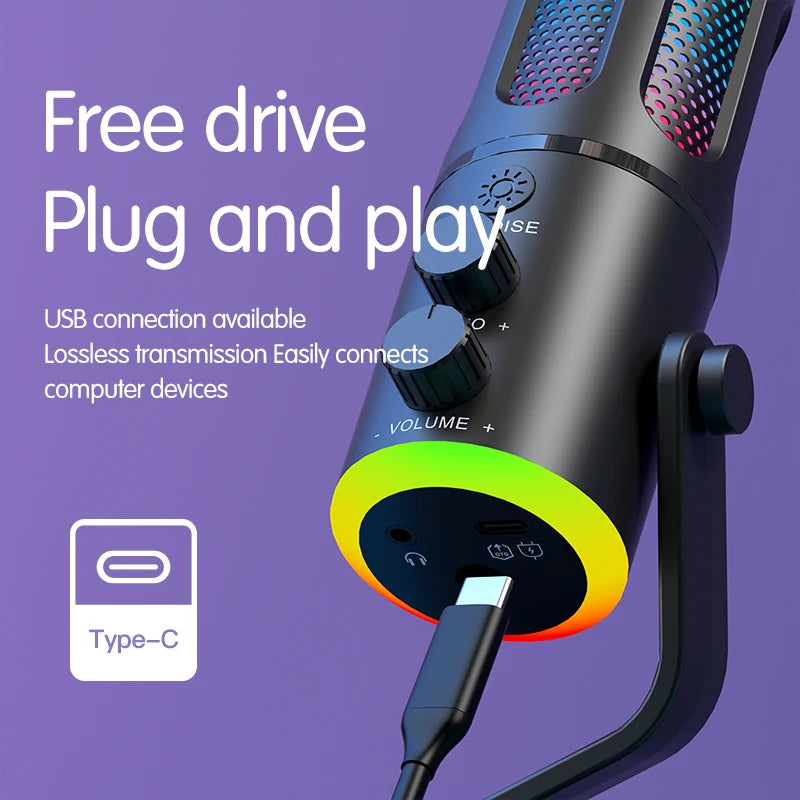 Professional Gaming Microphone With Stand RGB USB Wired Condenser Mic For PC Laptop Streaming Podcast Karaoke Live Broadcast
