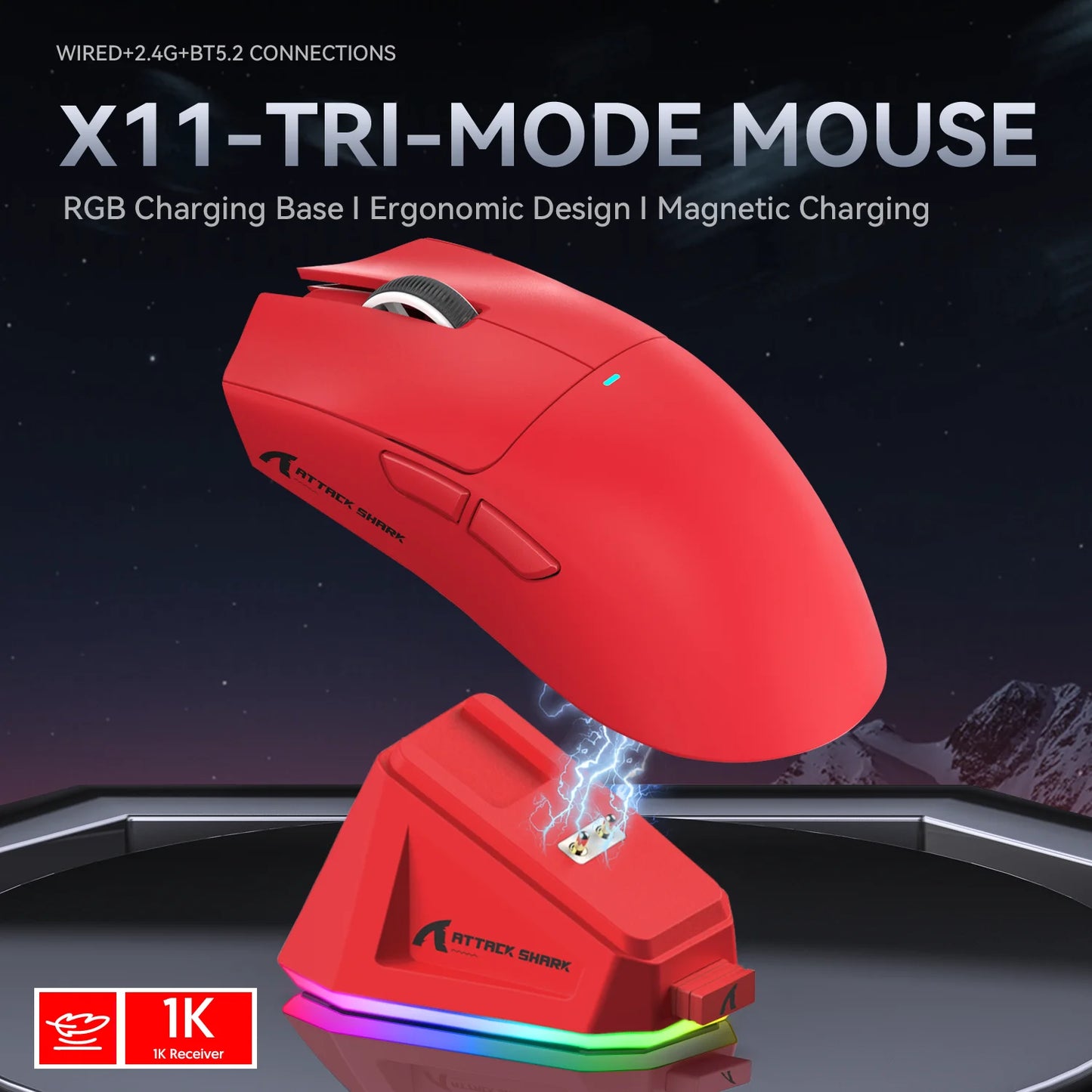 Wireless Attack Shark X11 Tri-Mode Bluetooth/2.4G/wired, game mouse with PAW3311 RGB magnetic charging station