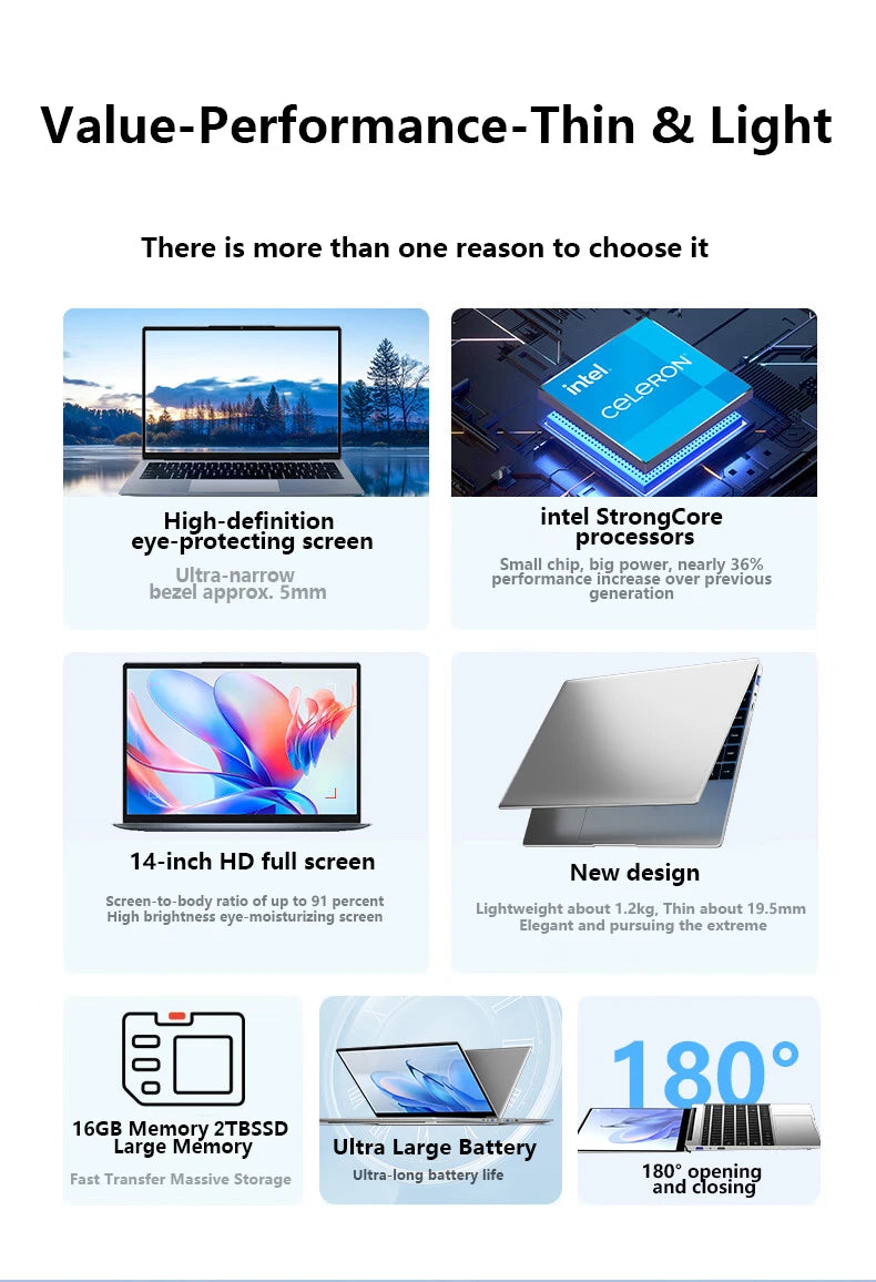 NEW 14.1" Ultra Slim Laptop 16GB RAM 2TB SSD Windows 11 Intel N3700 Notebook Gamer 1920*1080 Display Office Study Computer PC
