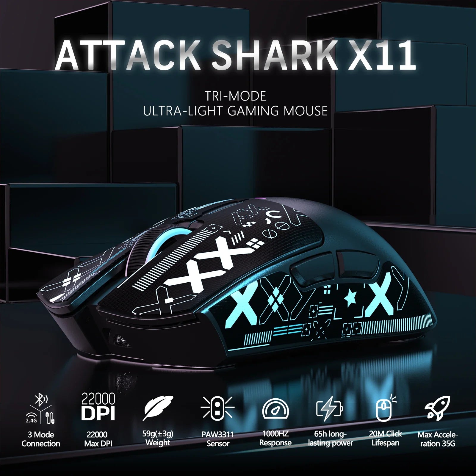 ATTACK SHARK X11 PixArt PAW3311 Three Mode Wireless Gamer Mouse Charging Dock Gaming Sensor, BT/2.4G Wireless Mouse