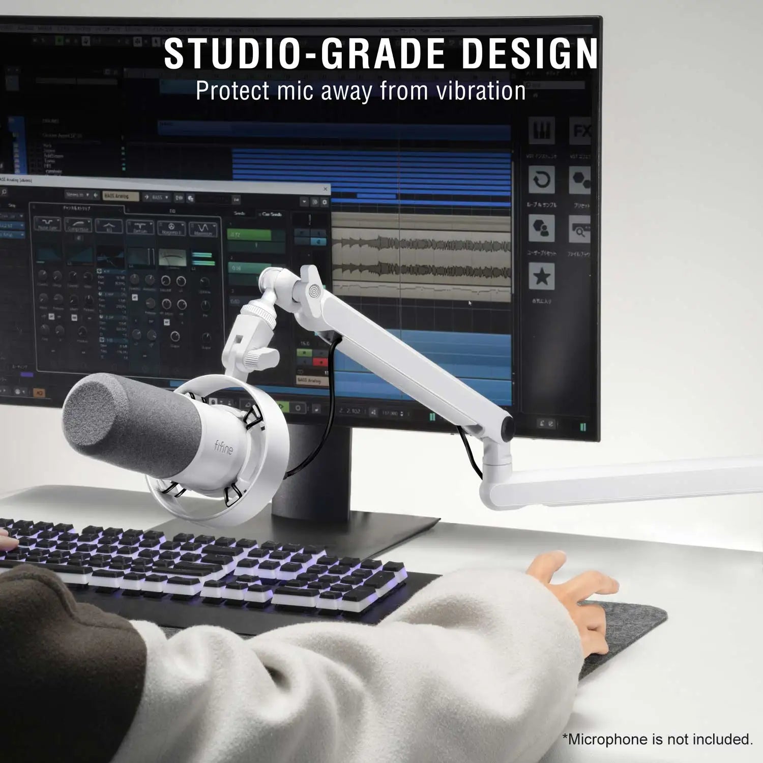 FIFINE Microphone Boom Arm, Adjustable Low Profile Mic Arm with Desk Mount Clamp,Cable Storage for Streaming Gaming-White BM88W
