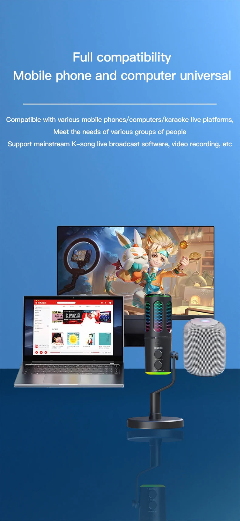 Professional Gaming Microphone With Stand RGB USB Wired Condenser Mic For PC Laptop Streaming Podcast Karaoke Live Broadcast