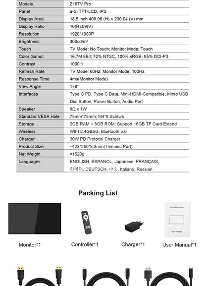 Zeuslap 18.5 inch Smart TV Portable Touch Screen Monitor with Google TV For Mini PC Laptop Phone Xbox PS4 PS5 Switch