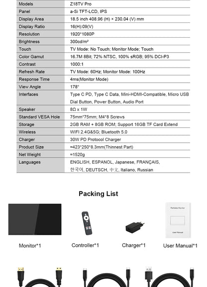 Zeuslap 18.5 inch Smart TV Portable Touch Screen Monitor with Google TV For Mini PC Laptop Phone Xbox PS4 PS5 Switch