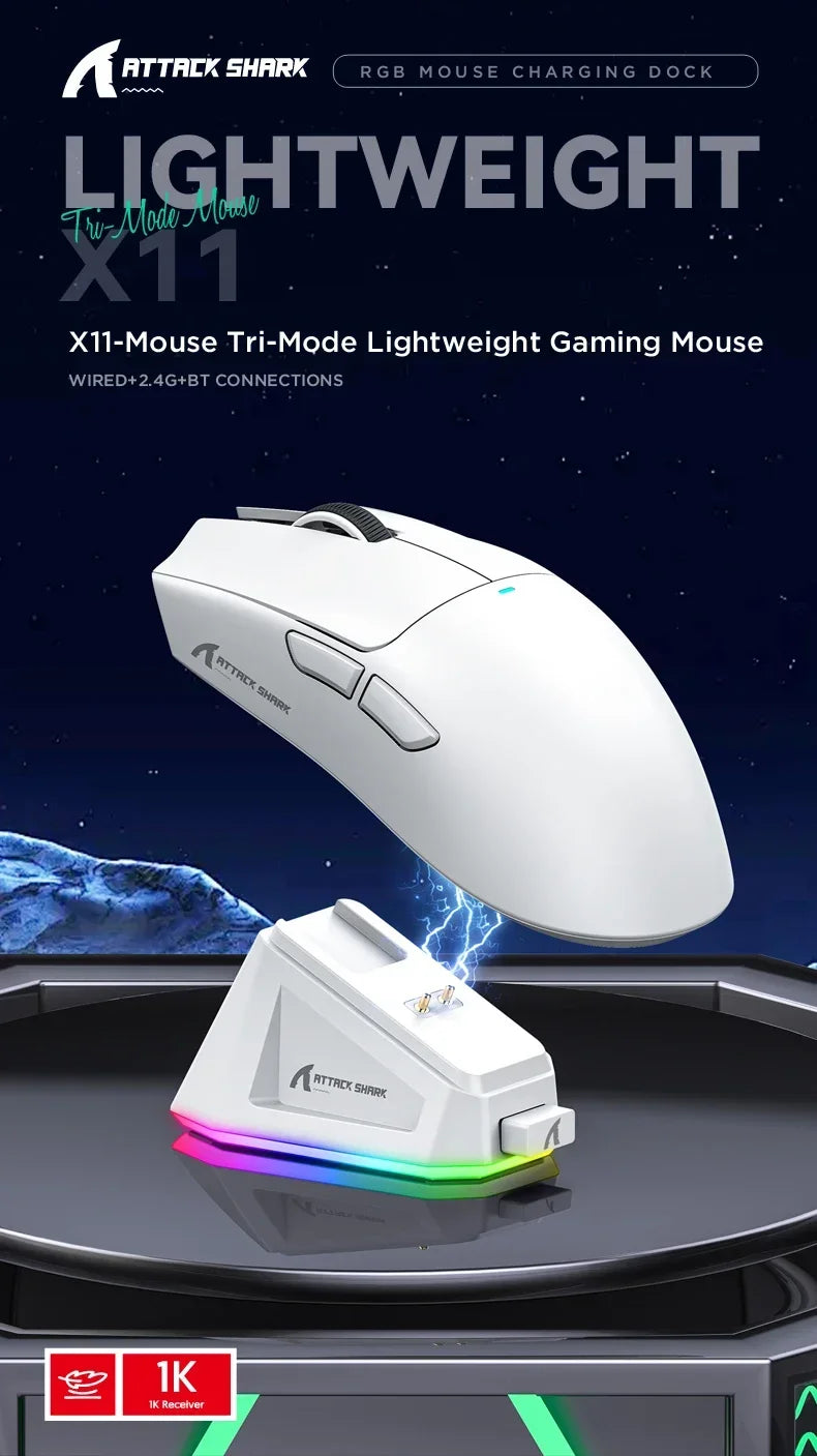 Wireless Attack Shark X11 Tri-Mode Bluetooth/2.4G/wired, game mouse with PAW3311 RGB magnetic charging station