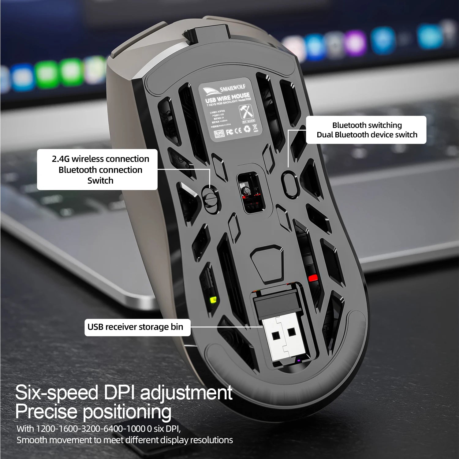 smailwolf RS8 Wireless Bluetooth mouse three-mode RGB lighting 10000DPI lightweight macro programming game mouse rechargeable