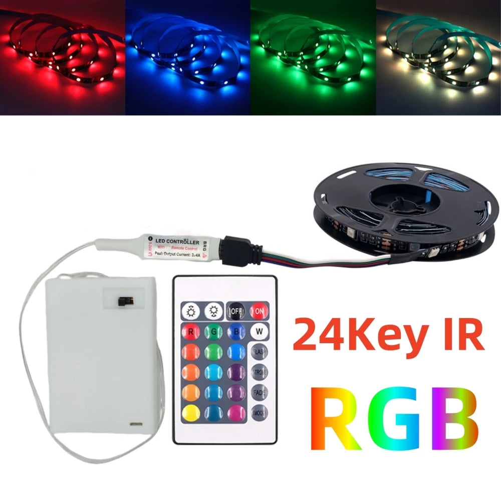 DC 5V 5050 RGB Strip LED Light Battery Powed IP21/IP65 Ribbon Tape Stable Led Strips Indoor Outdoor 3/24/44key Control Remote