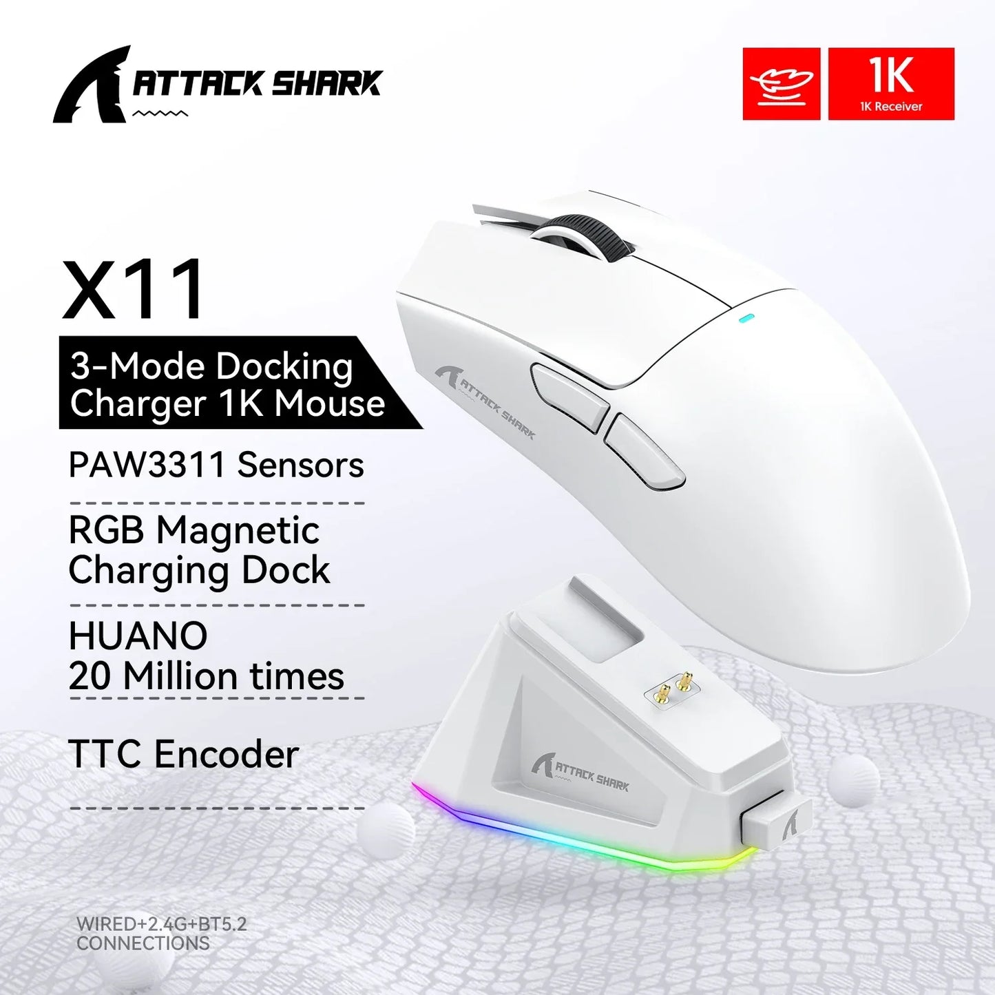 Wireless Attack Shark X11 Tri-Mode Bluetooth/2.4G/wired, game mouse with PAW3311 RGB magnetic charging station