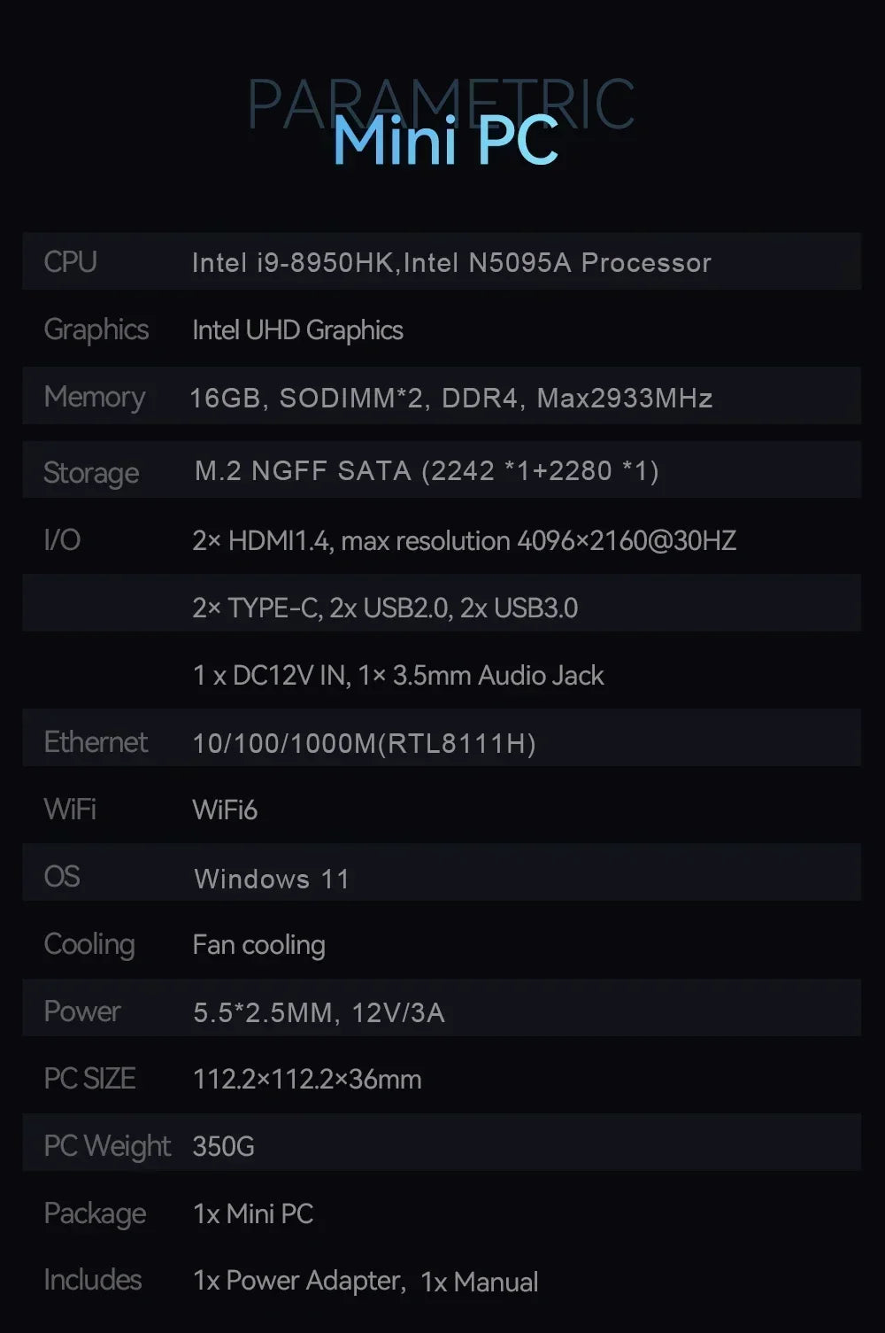 Gaming Mini PC Intel Core i9 8950HK Windows 11 Pro 16GB DDR4 1TB SSD WiFi6 M.2 UHD Graphics 1000Mbps Portable Mini PC Desktop