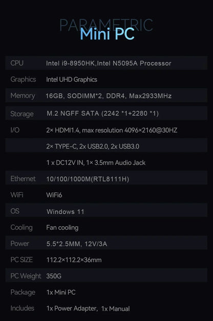 Gaming Mini PC Intel Core i9 8950HK Windows 11 Pro 16GB DDR4 1TB SSD WiFi6 M.2 UHD Graphics 1000Mbps Portable Mini PC Desktop