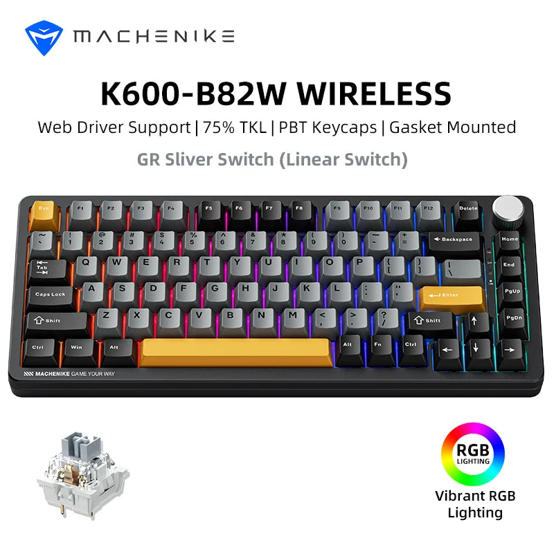 Machenike K600-B82W Mechanical Keyboard Gasket Mounted 75% ANSI Layout Web Driver Support RGB Backlit Wireless Gaming Keyboard