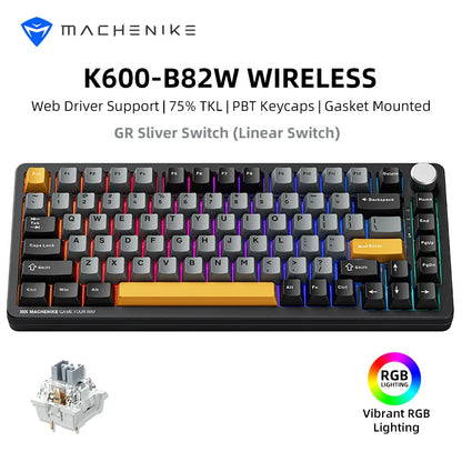 Machenike K600-B82W Mechanical Keyboard Gasket Mounted 75% ANSI Layout Web Driver Support RGB Backlit Wireless Gaming Keyboard
