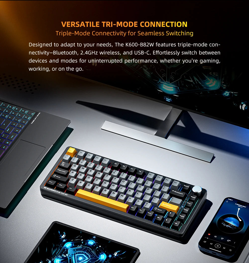 Machenike K600-B82W Mechanical Keyboard Gasket Mounted 75% ANSI Layout Web Driver Support RGB Backlit Wireless Gaming Keyboard