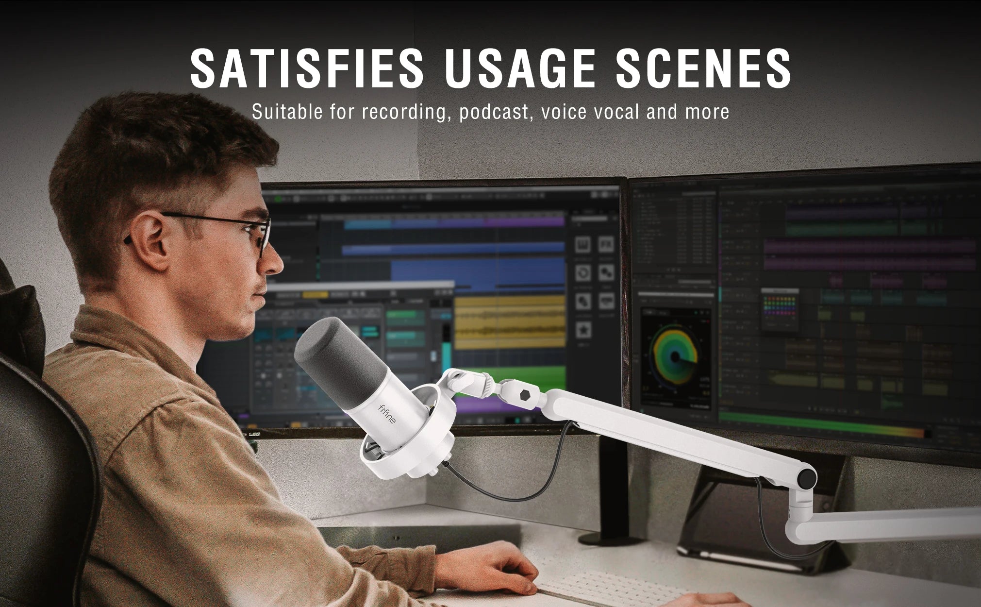 FIFINE Microphone Boom Arm, Adjustable Low Profile Mic Arm with Desk Mount Clamp,Cable Storage for Streaming Gaming-White BM88W