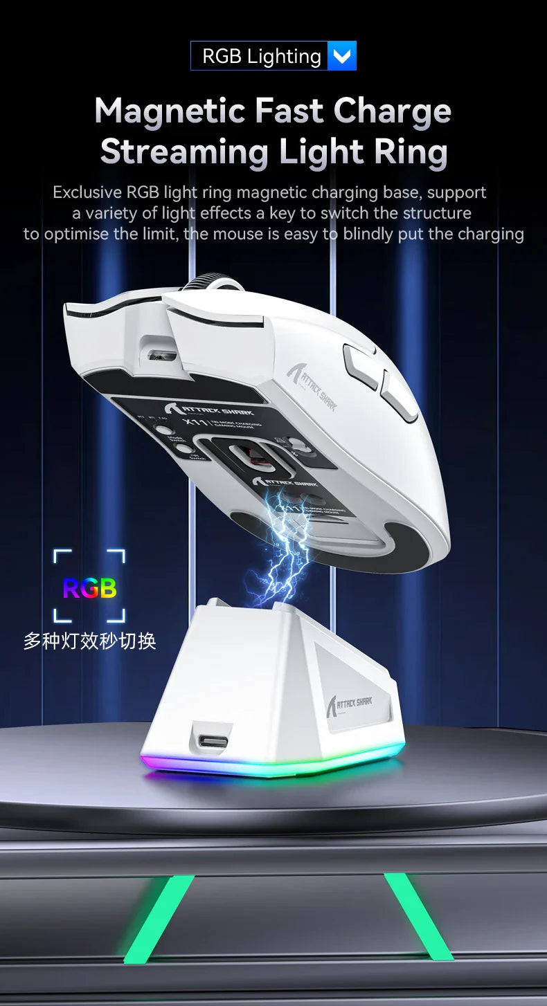 X11 Attack Shark Gaming Mouse Wireless 1K Hz PAW3311 Macro Magnetic RGB Docking Charger for Gaming