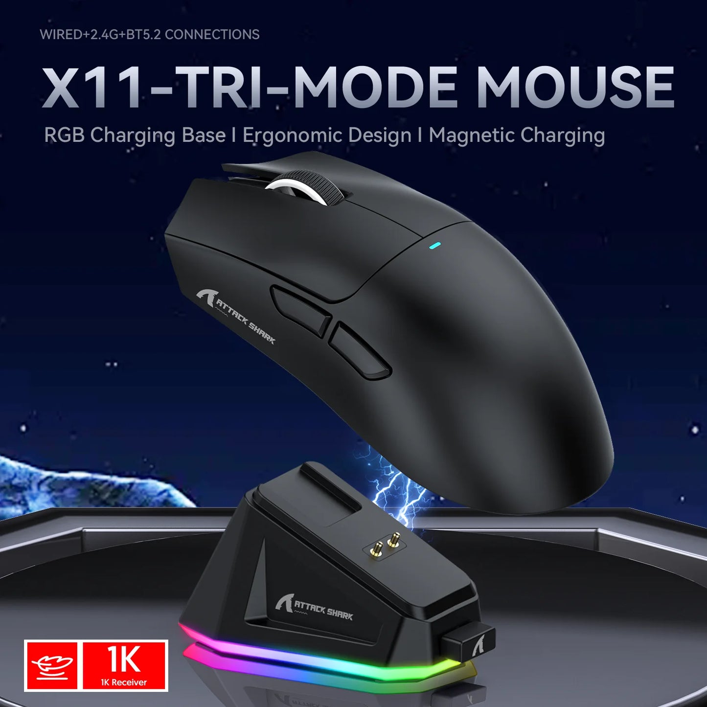 Wireless Attack Shark X11 Tri-Mode Bluetooth/2.4G/wired, game mouse with PAW3311 RGB magnetic charging station