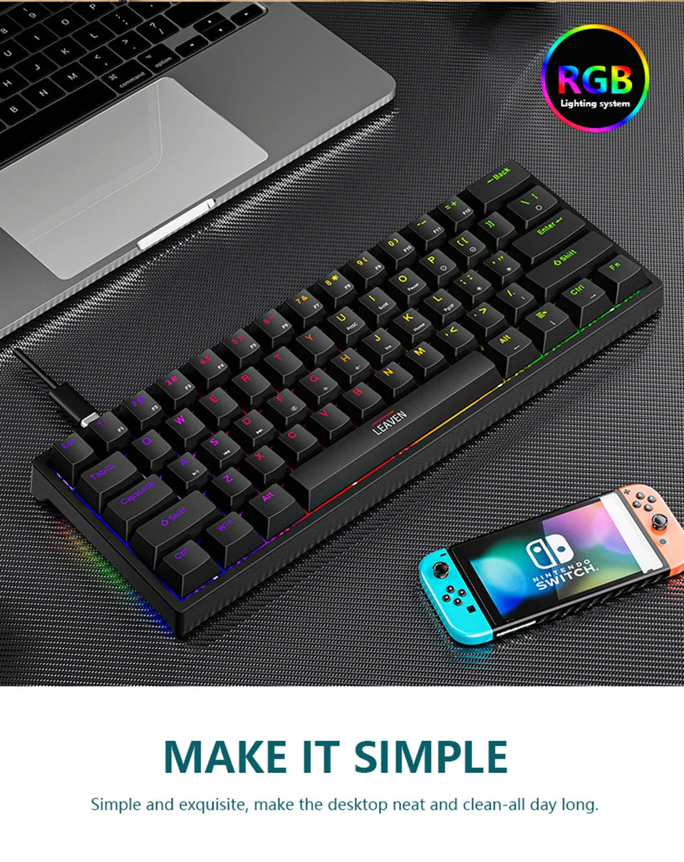 K620 Mini Gaming Mechanical Keyboard 61 Keys RGB Hotswap Type-C Wired Gaming Keyboard PBT Keycaps 60% Ergonomics Keyboards