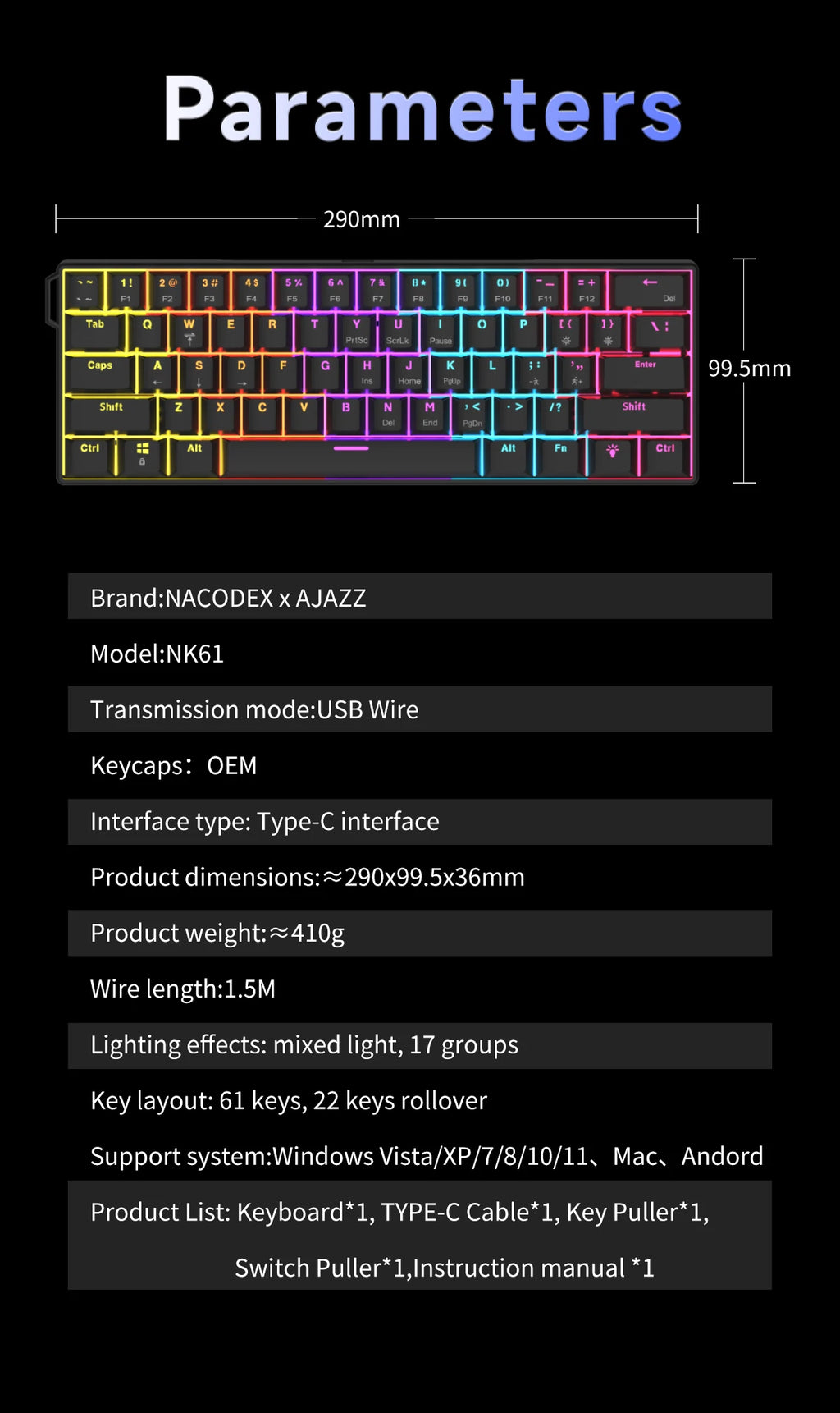 Ajazz NK61 Mechanical Wired Gaming Keyboard RGB Lighting Supports Hot-Swappable 61-Key Mechanical Wired Gaming Keyboard