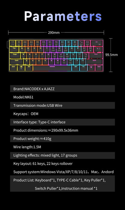 Ajazz NK61 Mechanical Wired Gaming Keyboard RGB Lighting Supports Hot-Swappable 61-Key Mechanical Wired Gaming Keyboard