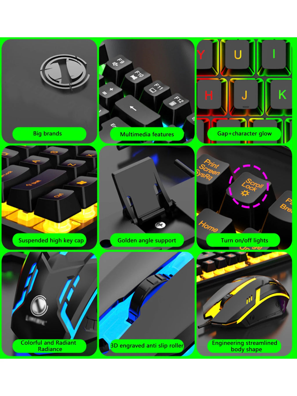 Cool light wired keyboard and mouse set, mechanical feel, floating high key cap, rebound comfort, game mouse set