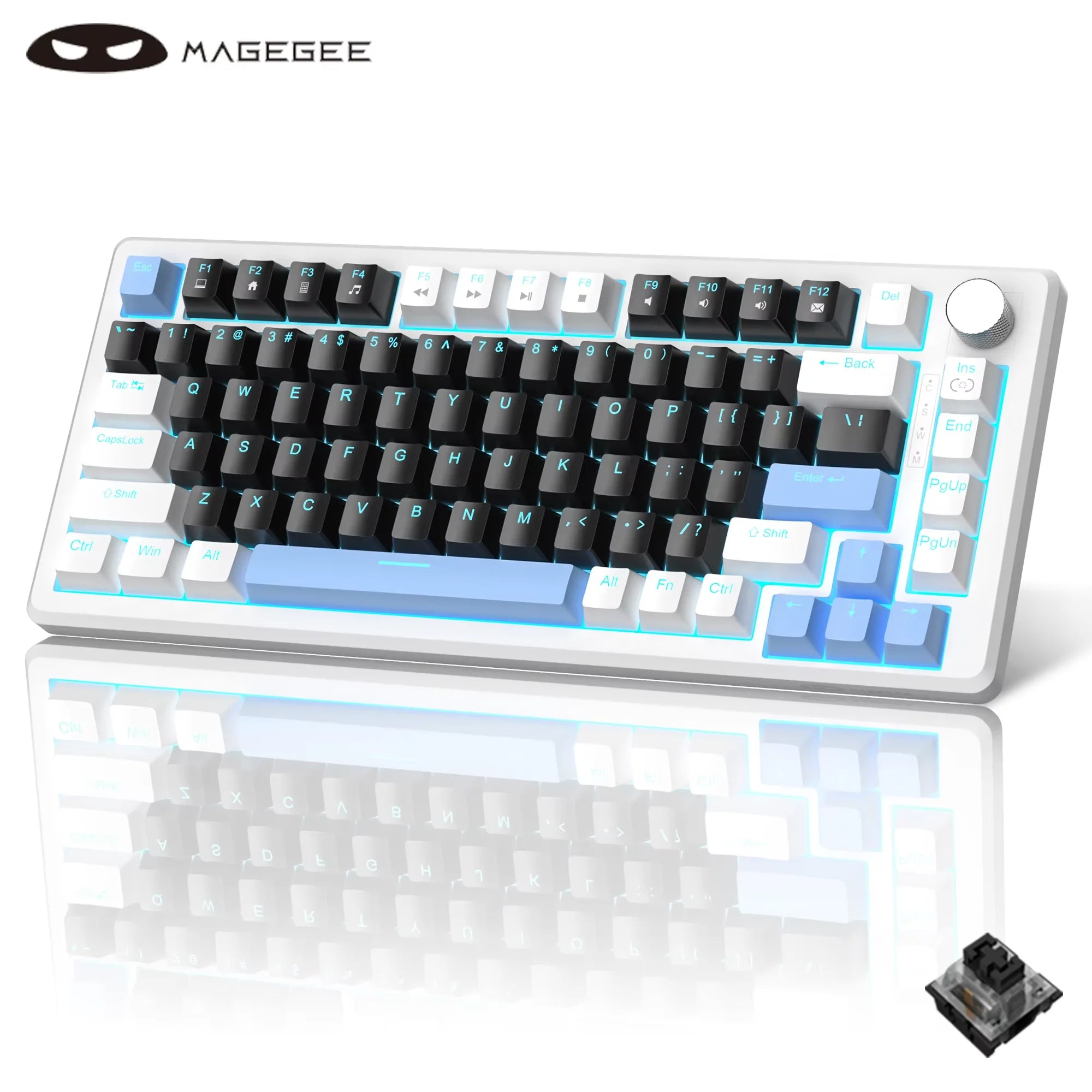 MageGee 75% Mechanical Gaming Keyboard with Knob Control, Blue Backlit Wired Gaming Keyboard Red/Yellow Switch for PC Windows