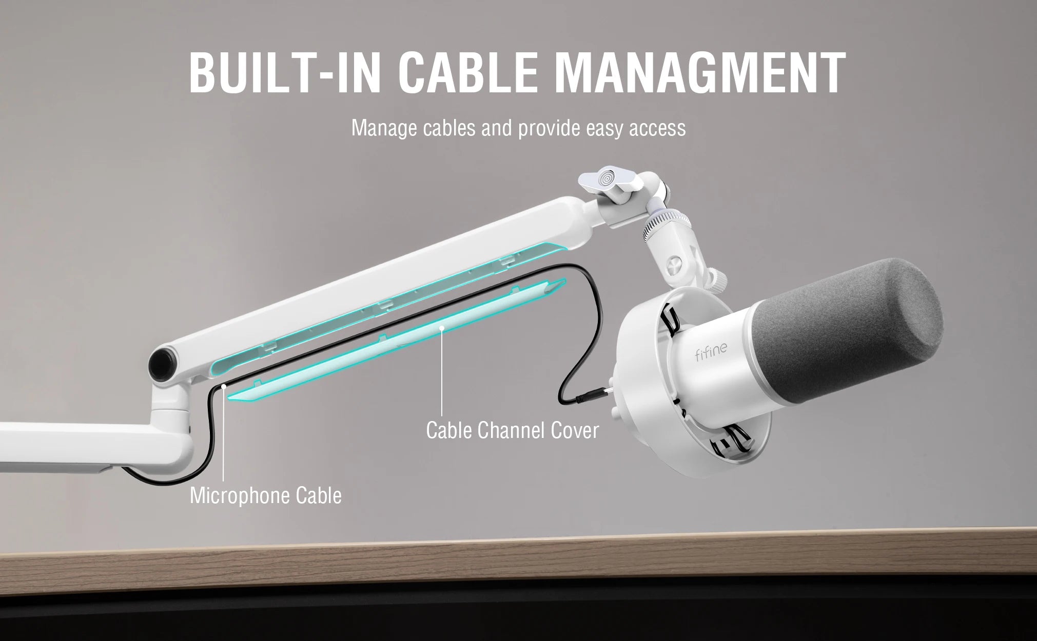 FIFINE Microphone Boom Arm, Adjustable Low Profile Mic Arm with Desk Mount Clamp,Cable Storage for Streaming Gaming-White BM88W