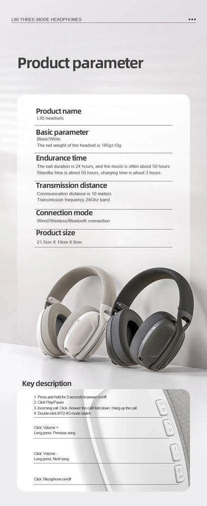SmailWolf-L80 Bluetooth wireless three-mode headphones headset lightweight headset 2.4G gaming headsets sports bass