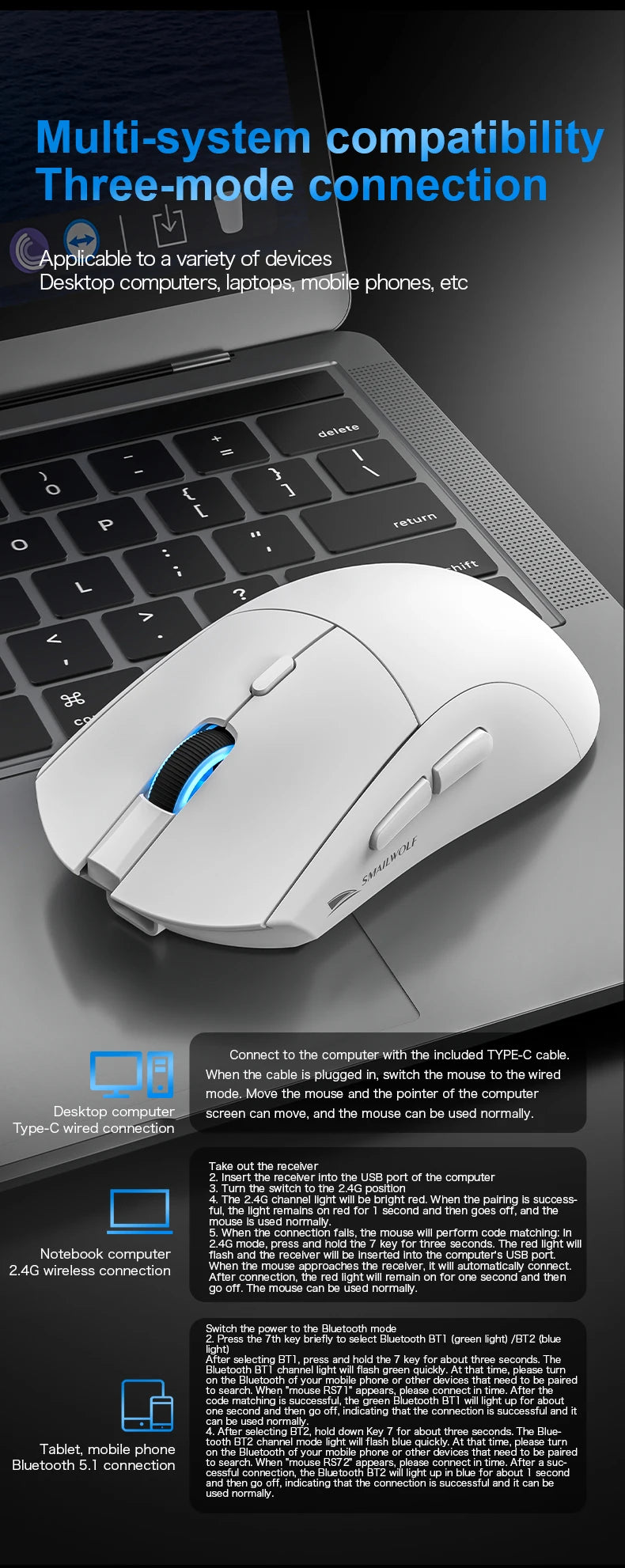 SMAILWOLF RS7 Bluetooth wireless gaming mouse three mode PAW3311 macro-definition mouse laptop gaming office