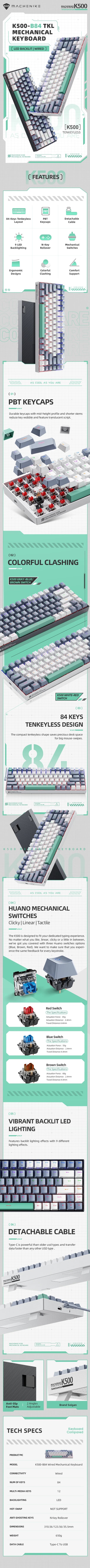 Machenike K500-B84 TKL Wired Mechanical Keyboard 84 Keys LED Backlight Gaming Keyboard PBT Doubleshot Keycaps for PC Laptop