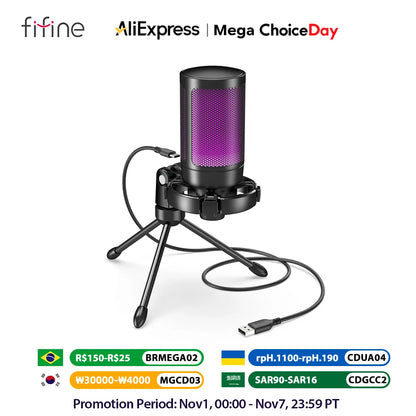 AmpliGame by FIFINE RGB USB Gaming Microphone with Light-touch Mute,Condenser Mic with Tripod for PC,PS4/5,Laptop Streaming-A2