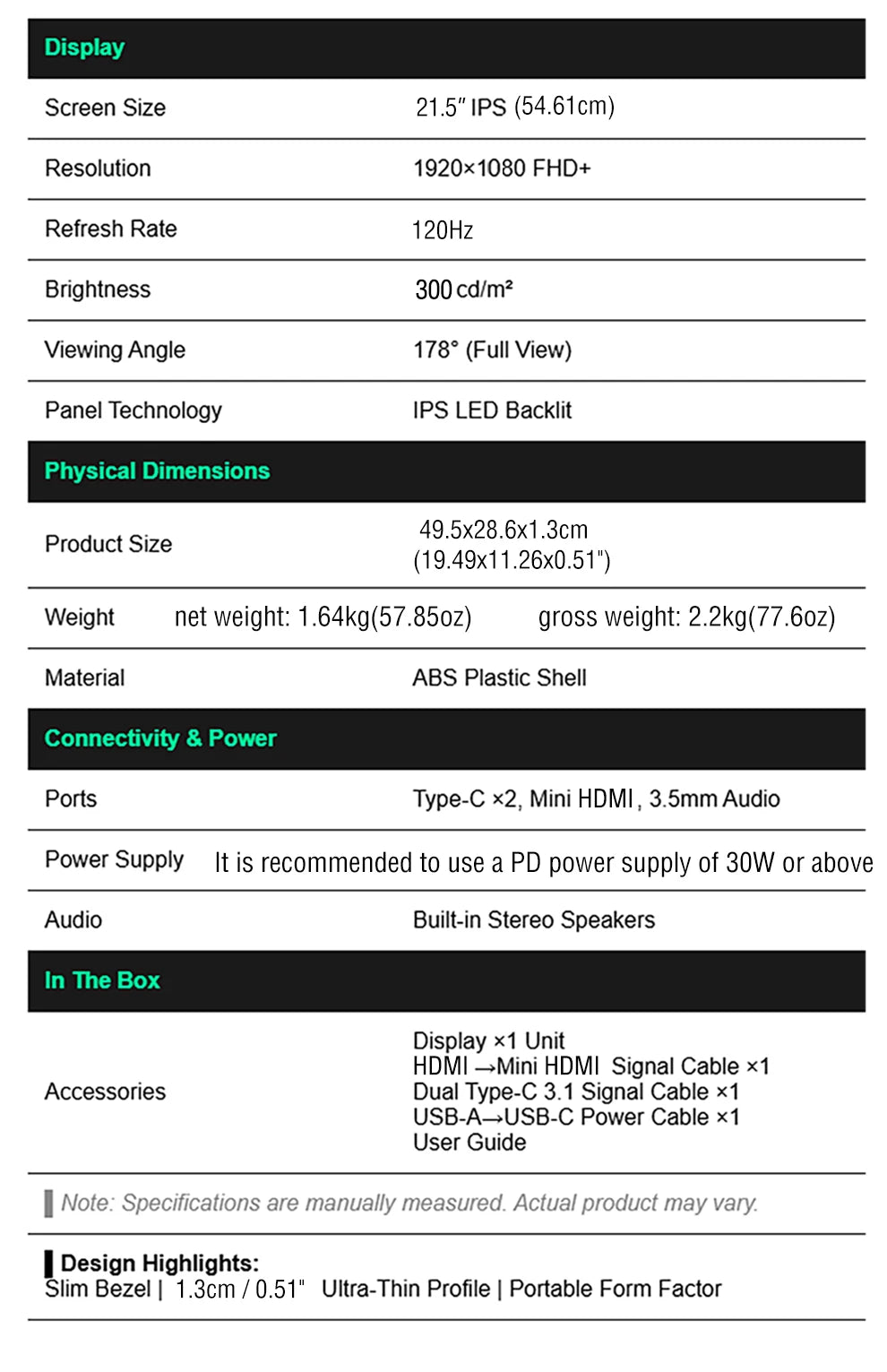 Anmite 21.5 inch Portable Monitor 120Hz RGB100% With VESA Hole & Back bracket Laptop Extended Display ADS-IPS HDR Screen