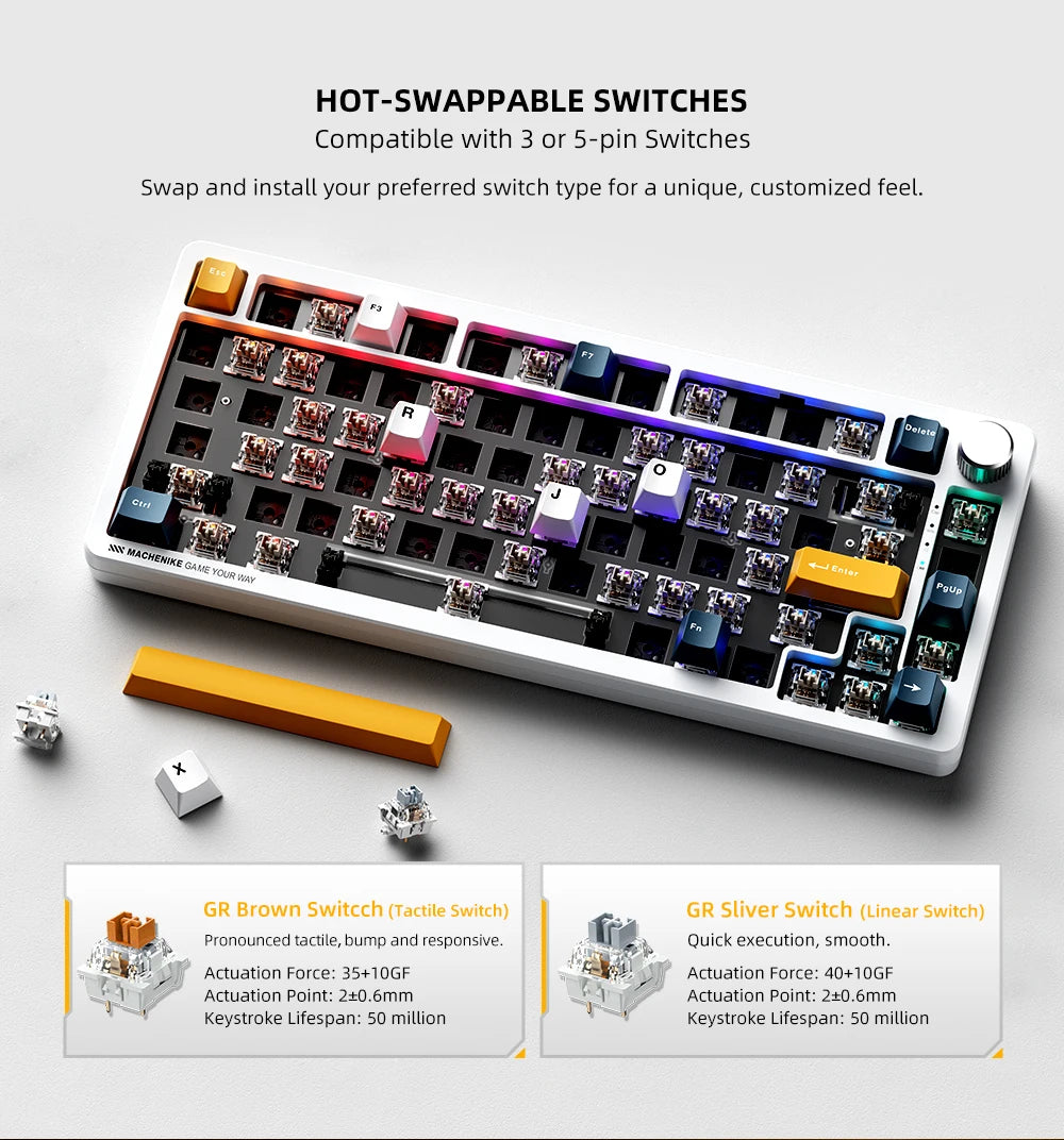 Machenike K600-B82W Mechanical Keyboard Gasket Mounted 75% ANSI Layout Web Driver Support RGB Backlit Wireless Gaming Keyboard