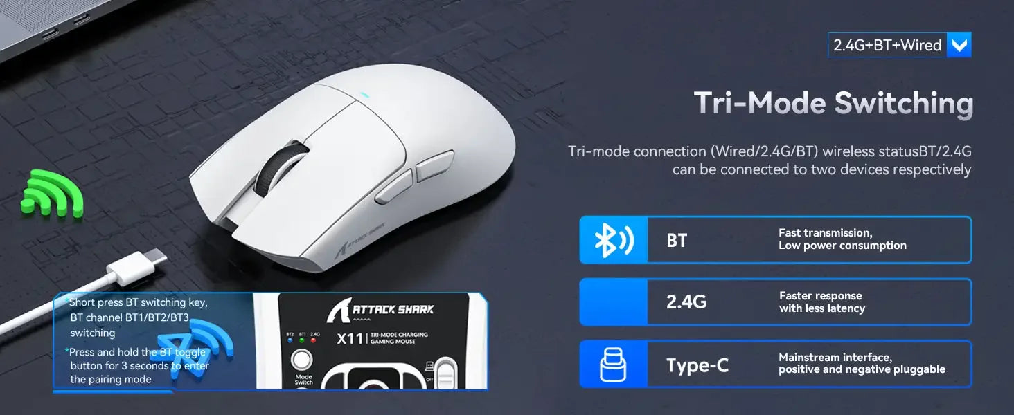 ATTACK SHARK X11 PixArt PAW3311 Three Mode Wireless Gamer Mouse Charging Dock Gaming Sensor, BT/2.4G Wireless Mouse