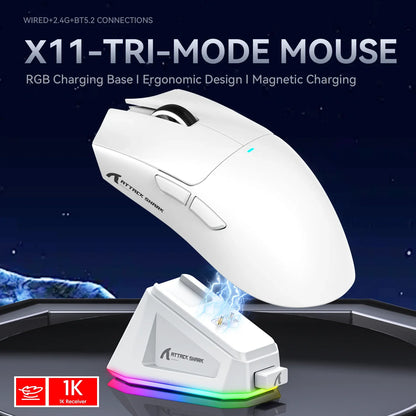 Wireless Attack Shark X11 Tri-Mode Bluetooth/2.4G/wired, game mouse with PAW3311 RGB magnetic charging station