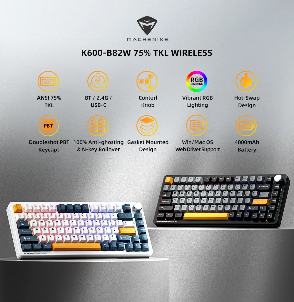 Machenike K600-B82W Mechanical Keyboard Gasket Mounted 75% ANSI Layout Web Driver Support RGB Backlit Wireless Gaming Keyboard