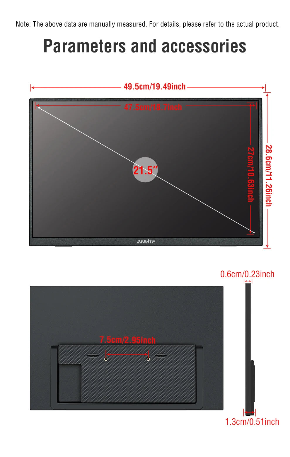 Anmite 21.5 inch Portable Monitor 120Hz RGB100% With VESA Hole & Back bracket Laptop Extended Display ADS-IPS HDR Screen