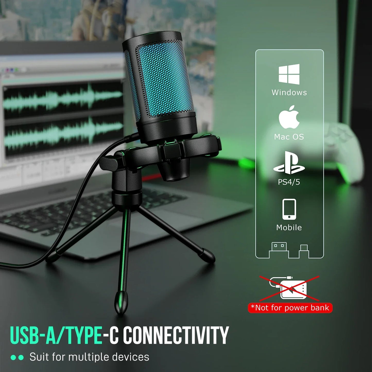 AmpliGame by FIFINE RGB USB Gaming Microphone with Light-touch Mute,Condenser Mic with Tripod for PC,PS4/5,Laptop Streaming-A2