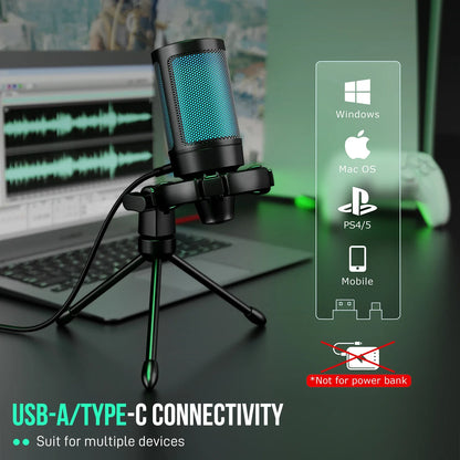 AmpliGame by FIFINE RGB USB Gaming Microphone with Light-touch Mute,Condenser Mic with Tripod for PC,PS4/5,Laptop Streaming-A2