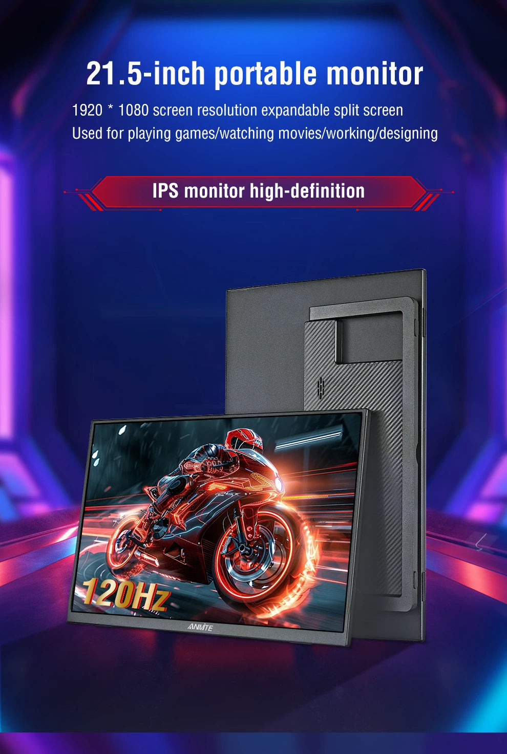 Anmite 21.5 inch Portable Monitor 120Hz RGB100% With VESA Hole & Back bracket Laptop Extended Display ADS-IPS HDR Screen