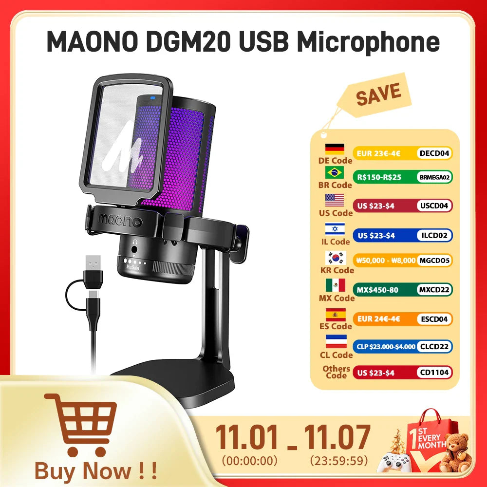 Maono DGM20 Gaming Microphone,USB Microphone Condenser Mic RGB Gaming Mic with Noise reduction software,Mic Gain,One Key Mute