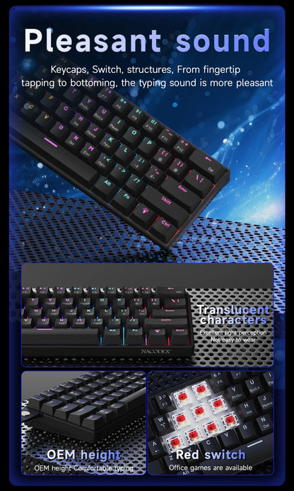 Ajazz NK61 Mechanical Wired Gaming Keyboard RGB Lighting Supports Hot-Swappable 61-Key Mechanical Wired Gaming Keyboard